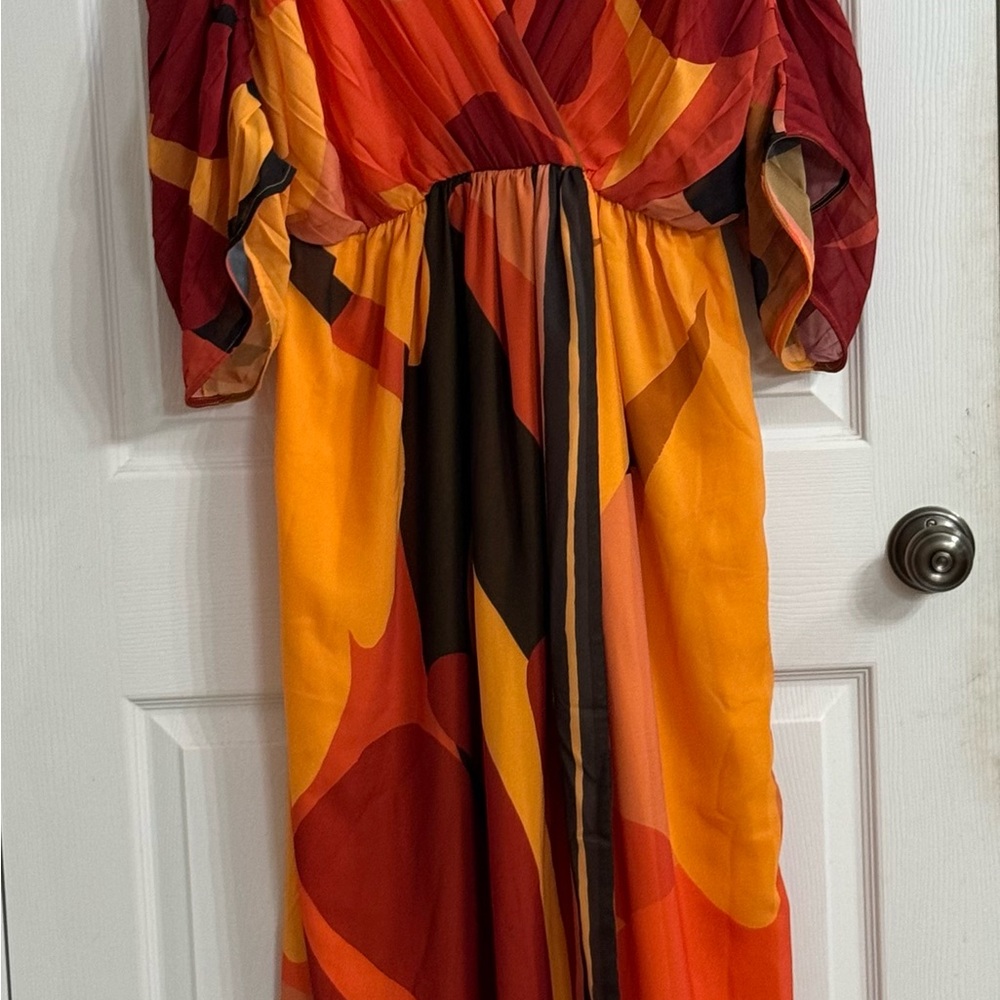 FARM Rio Long Sleeve Maxi Dress in Red, Orange, Yellow, Brown